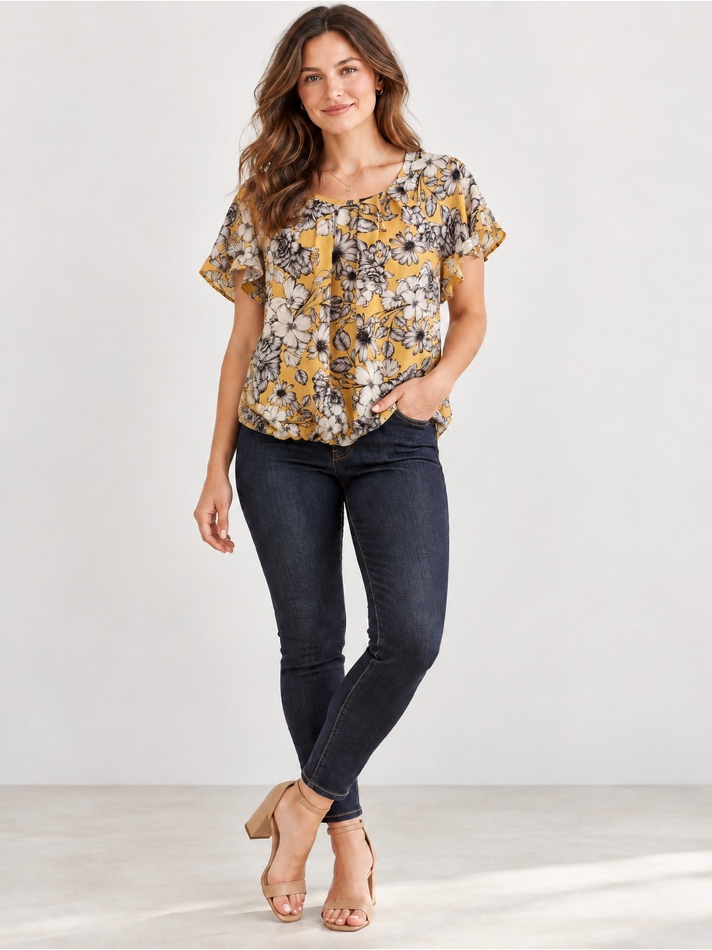 Liz Claiborne Petite PXXL Mustard Floral Bubble Hem Short Sleeve Blouse